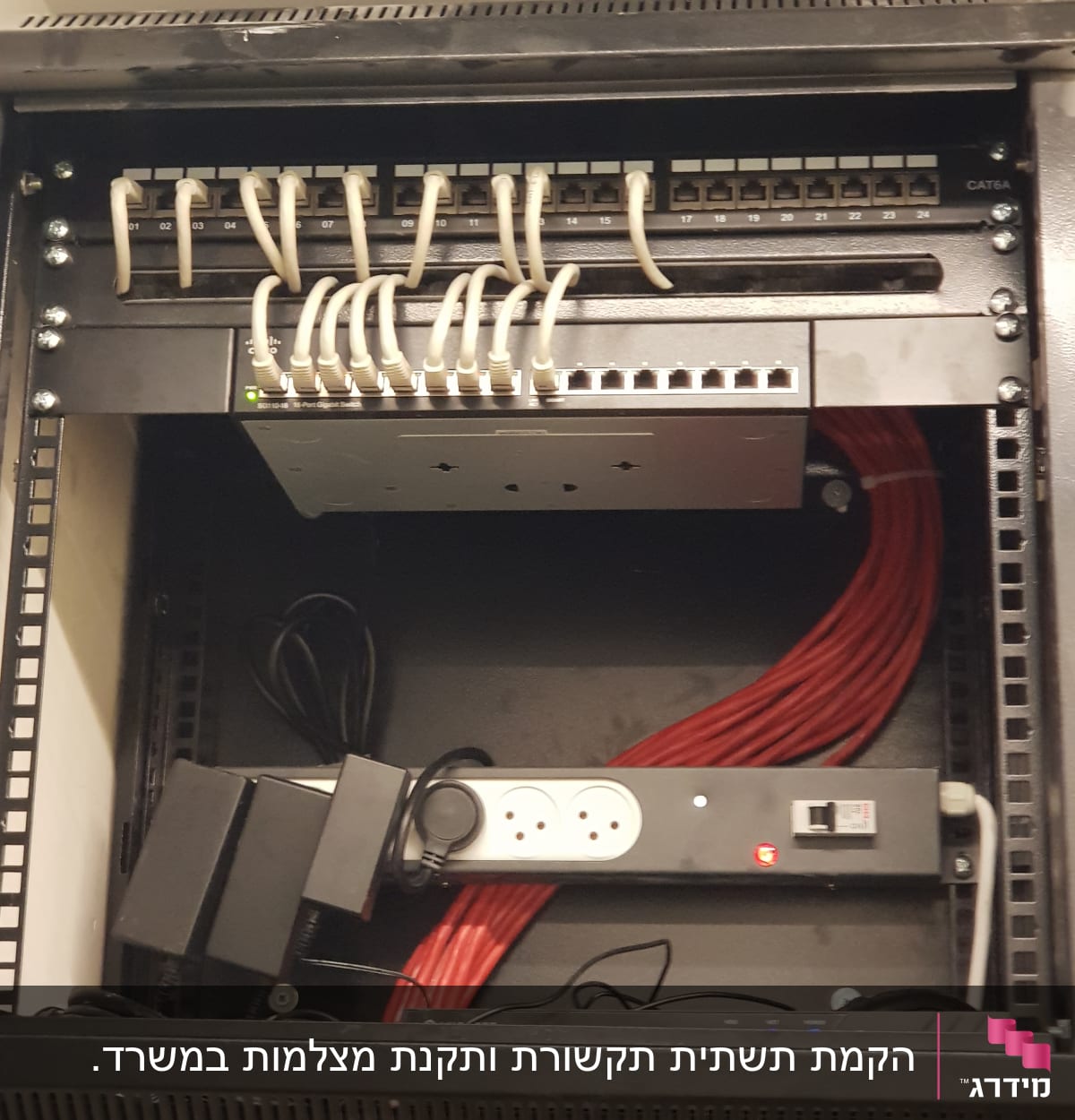 ארון תקשורת עם כבלים ומתגים